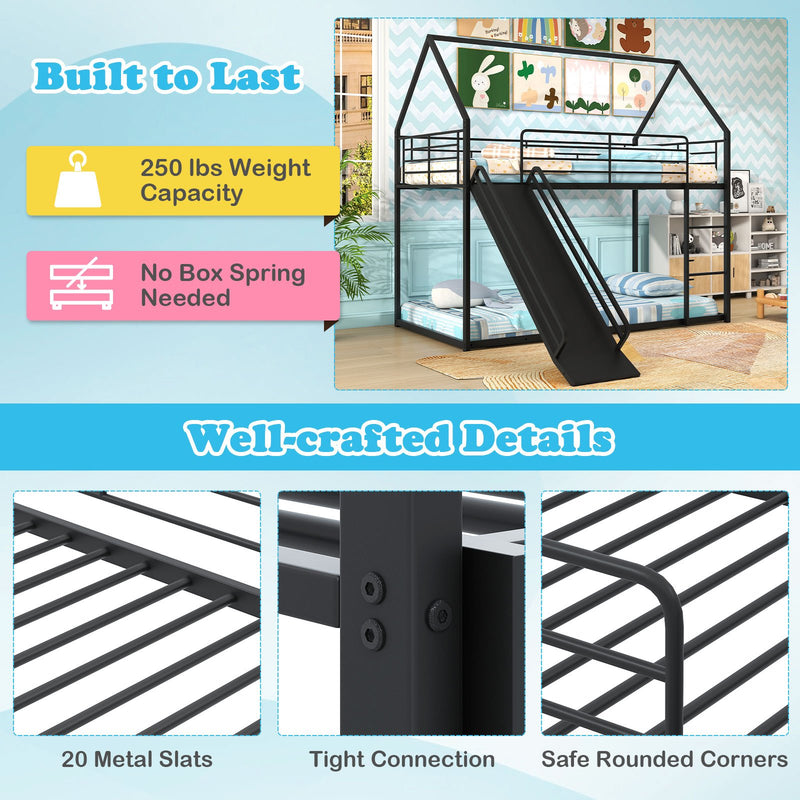 House-shaped Metal Twin Over Twin Low Bunk Bed-Black
