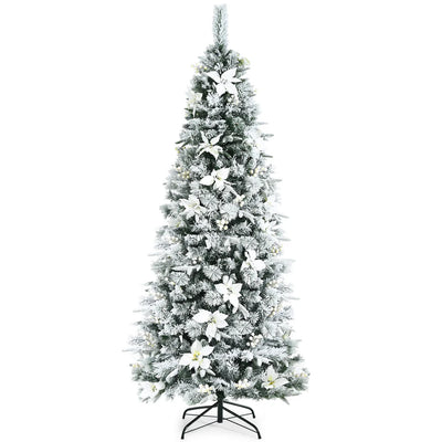 Holiday Sale- Costway 7 foot Feet Snow Flocked Christmas Tree with Berries and Poinsettia Flowers CM23502