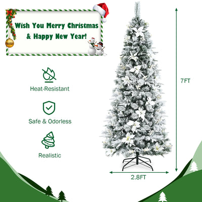 Holiday Sale- Costway 7 foot Feet Snow Flocked Christmas Tree with Berries and Poinsettia Flowers CM23502