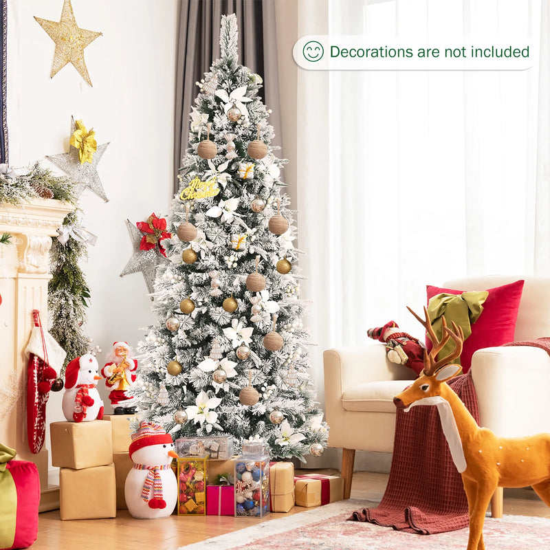 Holiday Sale- Costway 7 foot Feet Snow Flocked Christmas Tree with Berries and Poinsettia Flowers CM23502