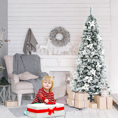Holiday Sale- Costway 7 foot Feet Snow Flocked Christmas Tree with Berries and Poinsettia Flowers CM23502