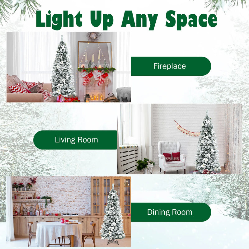 Holiday Sale- Costway 7 foot Feet Snow Flocked Christmas Tree with Berries and Poinsettia Flowers CM23502