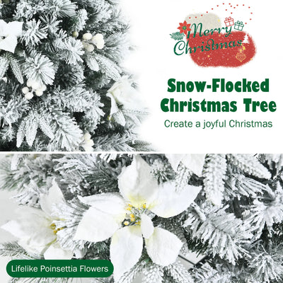 Holiday Sale- Costway 7 foot Feet Snow Flocked Christmas Tree with Berries and Poinsettia Flowers CM23502