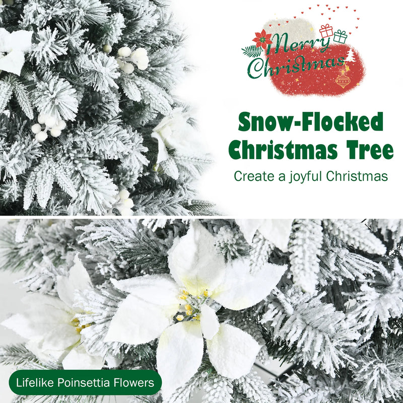 Holiday Sale- Costway 7 foot Feet Snow Flocked Christmas Tree with Berries and Poinsettia Flowers CM23502