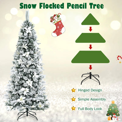 Holiday Sale- Costway 7 foot Feet Snow Flocked Christmas Tree with Berries and Poinsettia Flowers CM23502