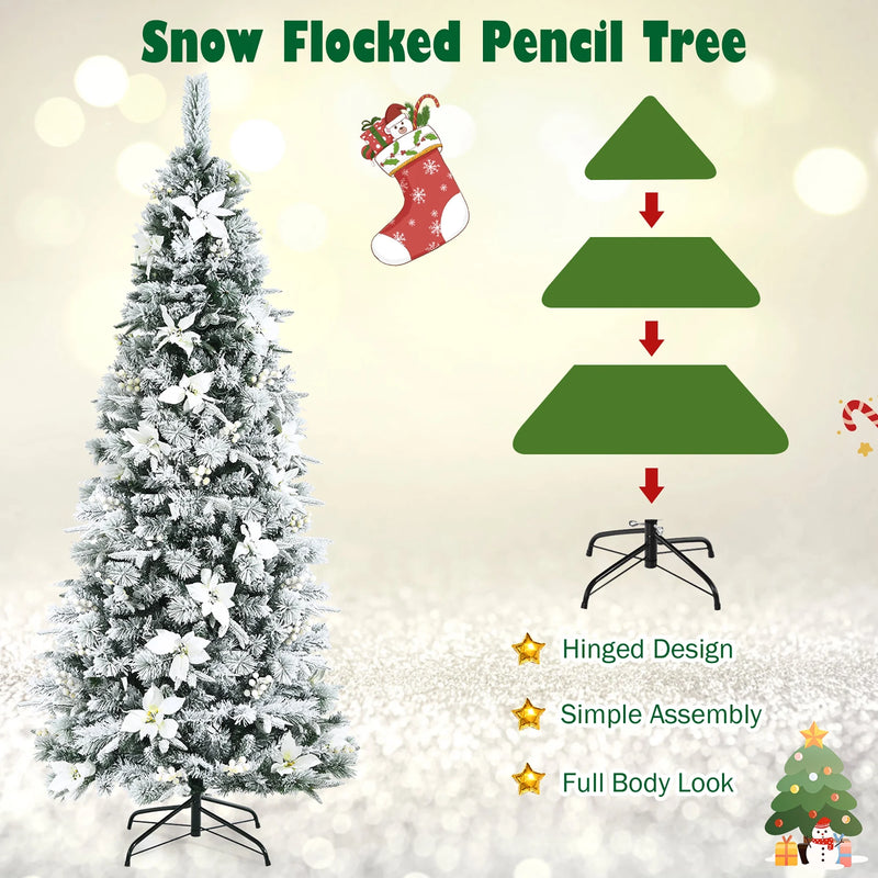 Holiday Sale- Costway 7 foot Feet Snow Flocked Christmas Tree with Berries and Poinsettia Flowers CM23502