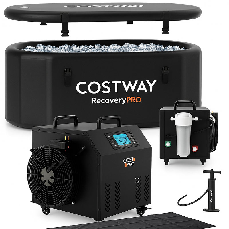 Holiday Sale- Chiller + Cold Plunge Combo Package! Costway- Fully Loaded Cold Plunge Chiller With App Control And Filtration System & Costway- XL 129 Gal Oval Ice Bath Tub with Cover