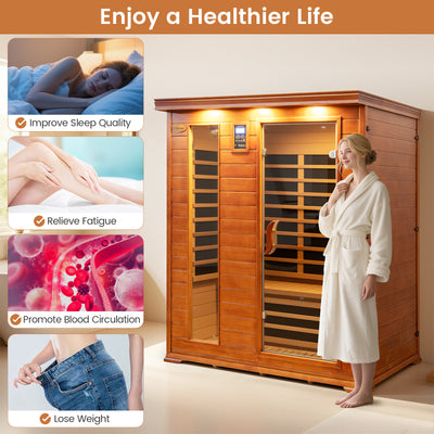 Costway- 2025 Model- 3 Person Infrared Sauna, Canadian Red Cedar Wood Far Infrared Sauna Room with 10 Carbon Heaters, Bluetooth Speakers, Reading Light, Indoor Personal Spa for Home Gym Relaxation