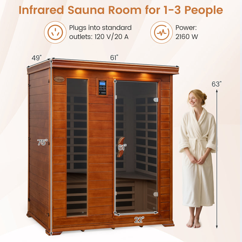 Costway- 2025 Model- 3 Person Infrared Sauna, Canadian Red Cedar Wood Far Infrared Sauna Room with 10 Carbon Heaters, Bluetooth Speakers, Reading Light, Indoor Personal Spa for Home Gym Relaxation