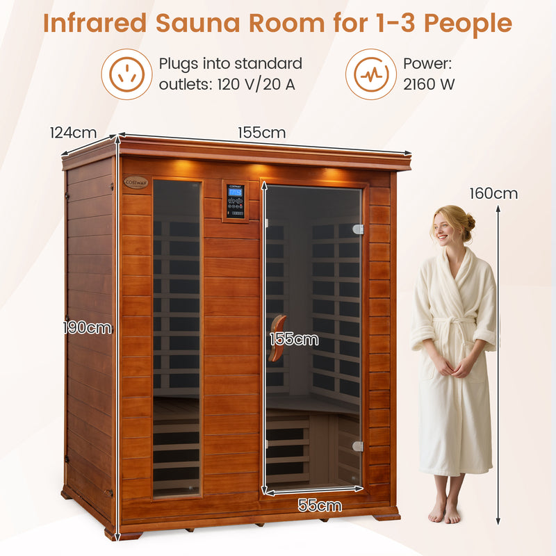 Costway- 2025 Model- 3 Person Infrared Sauna, Canadian Red Cedar Wood Far Infrared Sauna Room with 10 Carbon Heaters, Bluetooth Speakers, Reading Light, Indoor Personal Spa for Home Gym Relaxation