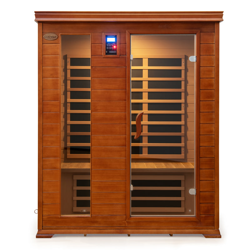 Costway- 2025 Model- 3 Person Infrared Sauna, Canadian Red Cedar Wood Far Infrared Sauna Room with 10 Carbon Heaters, Bluetooth Speakers, Reading Light, Indoor Personal Spa for Home Gym Relaxation