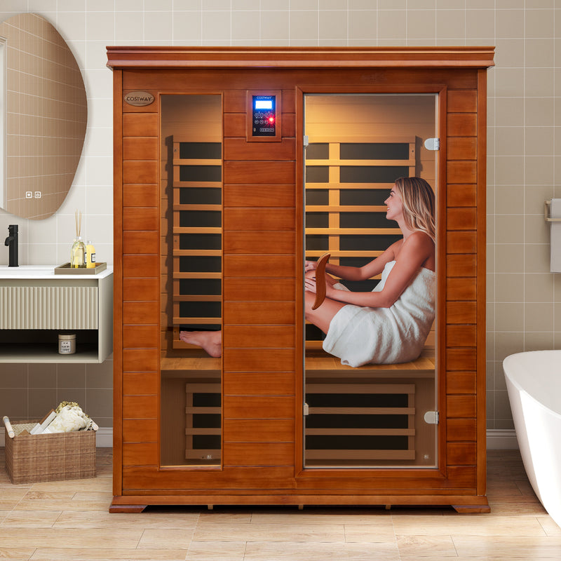 Costway- 2025 Model- 3 Person Infrared Sauna, Canadian Red Cedar Wood Far Infrared Sauna Room with 10 Carbon Heaters, Bluetooth Speakers, Reading Light, Indoor Personal Spa for Home Gym Relaxation