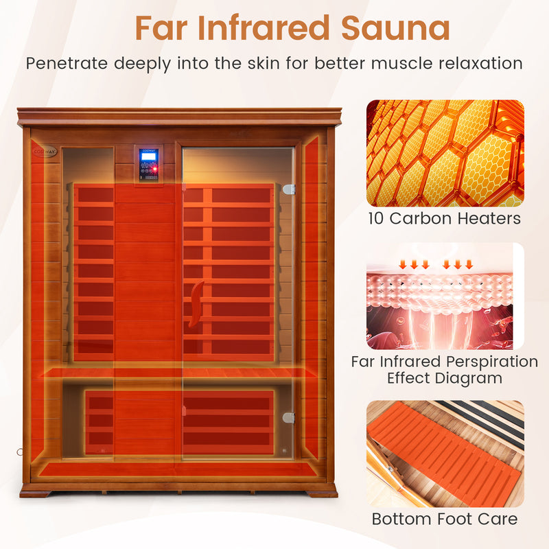 Costway- 2025 Model- 3 Person Infrared Sauna, Canadian Red Cedar Wood Far Infrared Sauna Room with 10 Carbon Heaters, Bluetooth Speakers, Reading Light, Indoor Personal Spa for Home Gym Relaxation