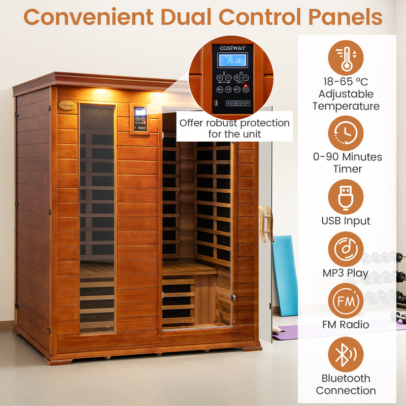 Costway- 2025 Model- 3 Person Infrared Sauna, Canadian Red Cedar Wood Far Infrared Sauna Room with 10 Carbon Heaters, Bluetooth Speakers, Reading Light, Indoor Personal Spa for Home Gym Relaxation