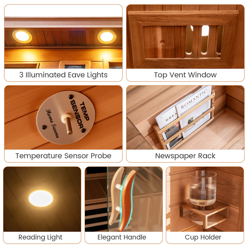 Costway- 2025 Model- 3 Person Infrared Sauna, Canadian Red Cedar Wood Far Infrared Sauna Room with 10 Carbon Heaters, Bluetooth Speakers, Reading Light, Indoor Personal Spa for Home Gym Relaxation