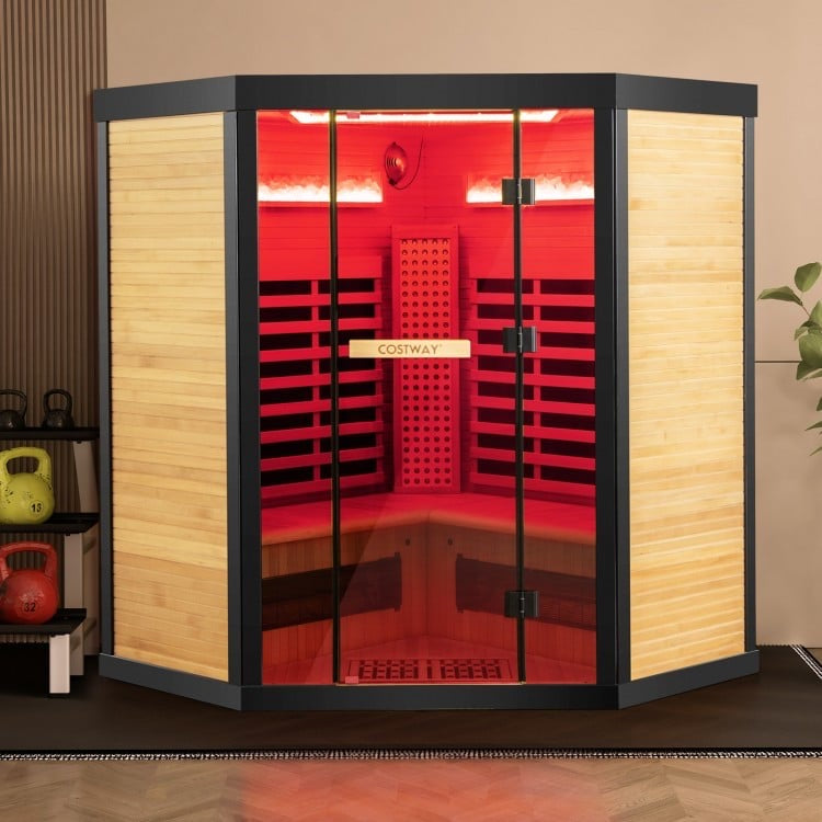 Sauna Package- Indoor Spa Package- Fully Loaded Full Spectrum Red Light, Salt Therapy Corner Sauna+ Icomfort 4D massage Chair