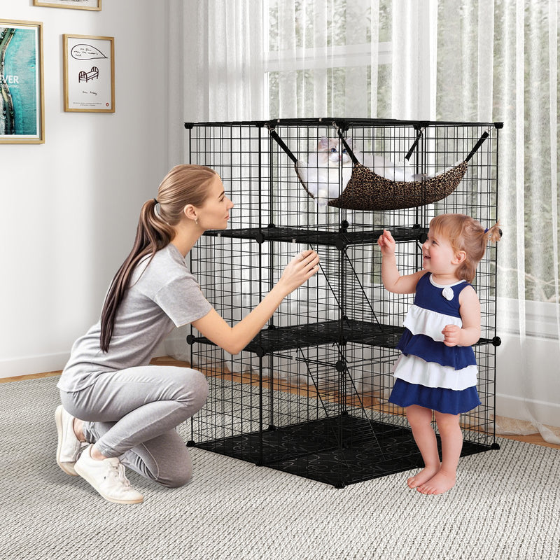 Indoor Cat Cage 3-Tier Cat Enclosure Detachable Metal Wire Kennel-Black