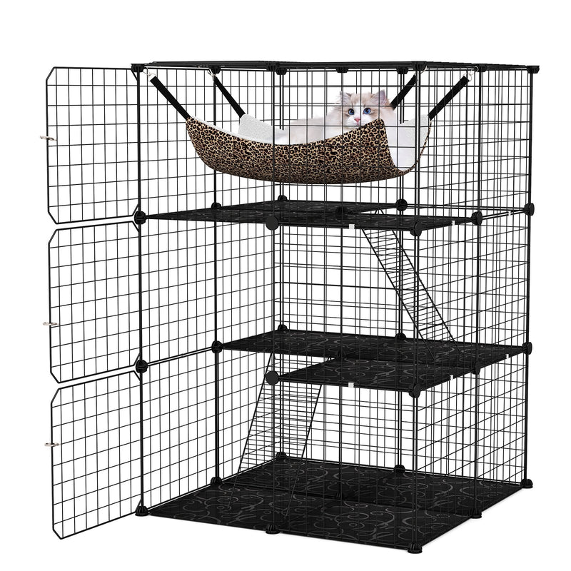 Indoor Cat Cage 3-Tier Cat Enclosure Detachable Metal Wire Kennel-Black