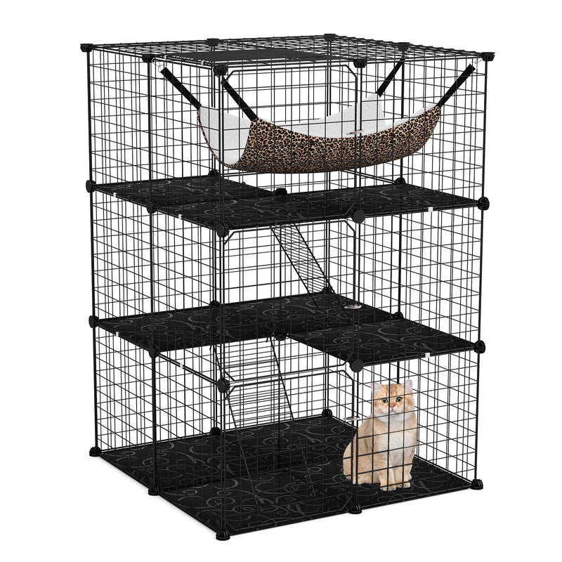 Indoor Cat Cage 3-Tier Cat Enclosure Detachable Metal Wire Kennel-Black