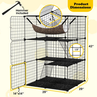 Indoor Cat Cage 3-Tier Cat Enclosure Detachable Metal Wire Kennel-Black