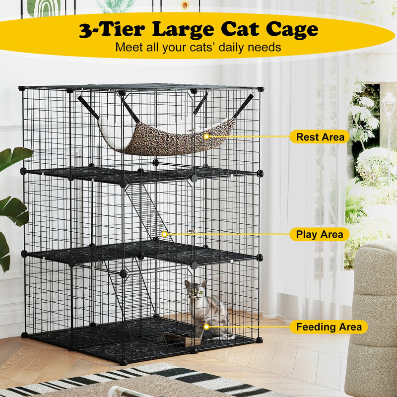 Indoor Cat Cage 3-Tier Cat Enclosure Detachable Metal Wire Kennel-Black