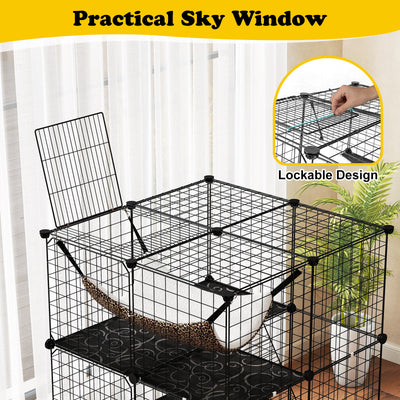 Indoor Cat Cage 3-Tier Cat Enclosure Detachable Metal Wire Kennel-Black