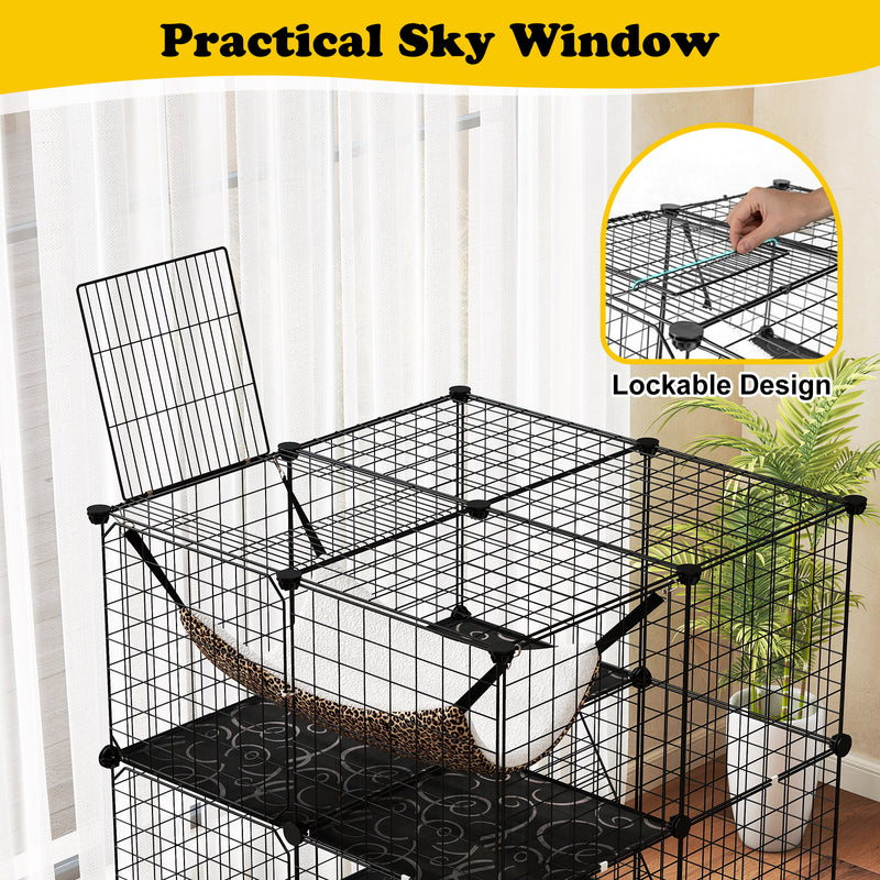 Indoor Cat Cage 3-Tier Cat Enclosure Detachable Metal Wire Kennel-Black