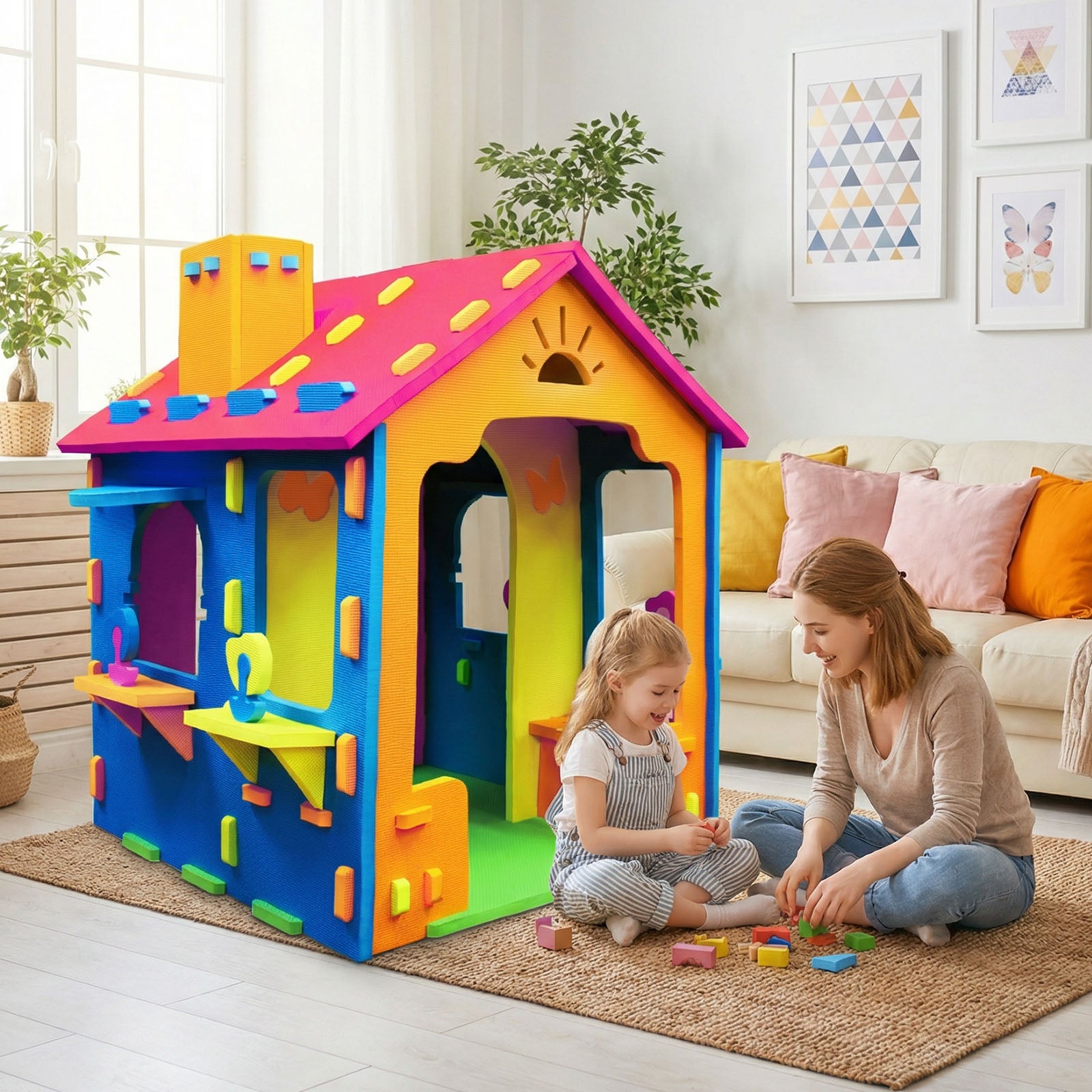 Indoor Cottage Playset with Roof and Chimney for Creative Play-Multico
