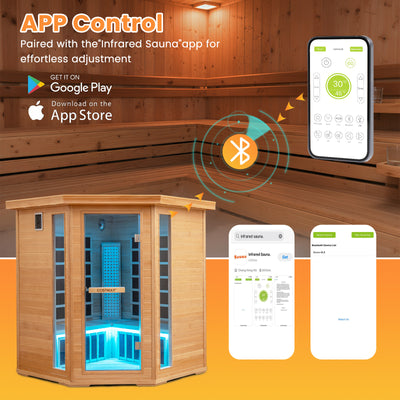 NEW 2025 MODEL - COSTWAY Far Infrared Corner Sauna, 3-5 Person Canadian Hemlock Indoor Sauna Spa Room w/ Carbon &amp; Mica Heaters, Near-Infrared &amp; Red Light Therapy Panel, Chromotherapy Lights, Speakers, Tempered Glass Door