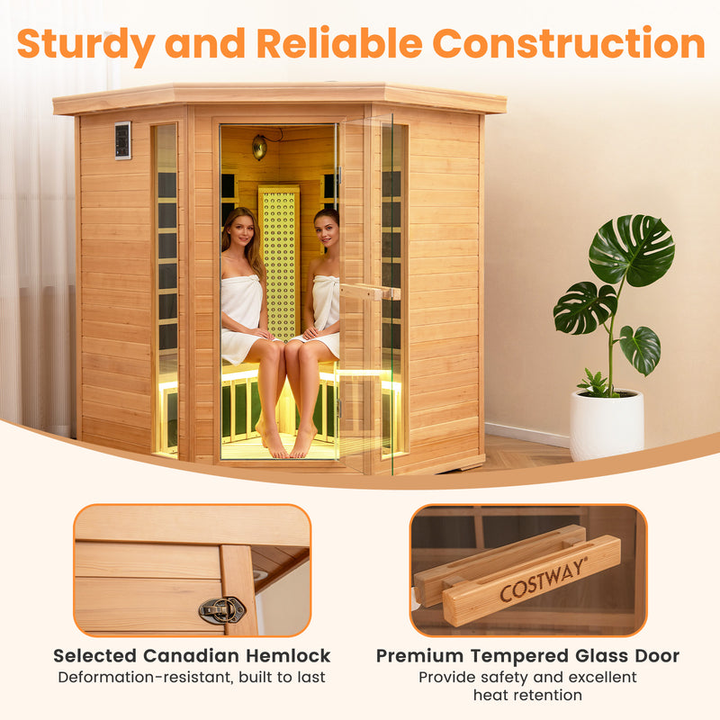 NEW 2025 MODEL - COSTWAY Far Infrared Corner Sauna, 3-5 Person Canadian Hemlock Indoor Sauna Spa Room w/ Carbon &amp; Mica Heaters, Near-Infrared &amp; Red Light Therapy Panel, Chromotherapy Lights, Speakers, Tempered Glass Door