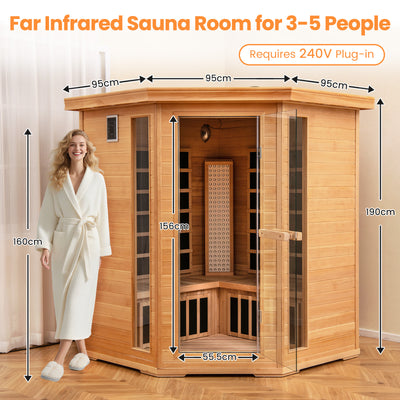 NEW 2025 MODEL - COSTWAY Far Infrared Corner Sauna, 3-5 Person Canadian Hemlock Indoor Sauna Spa Room w/ Carbon &amp; Mica Heaters, Near-Infrared &amp; Red Light Therapy Panel, Chromotherapy Lights, Speakers, Tempered Glass Door