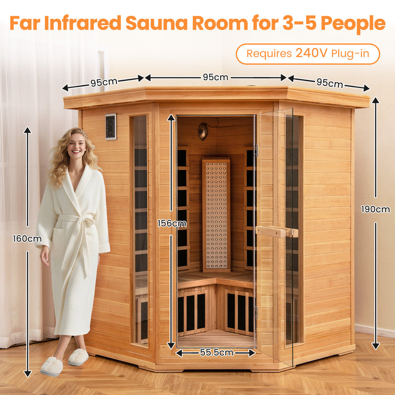 NEW 2025 MODEL - COSTWAY Far Infrared Corner Sauna, 3-5 Person Canadian Hemlock Indoor Sauna Spa Room w/ Carbon &amp; Mica Heaters, Near-Infrared &amp; Red Light Therapy Panel, Chromotherapy Lights, Speakers, Tempered Glass Door