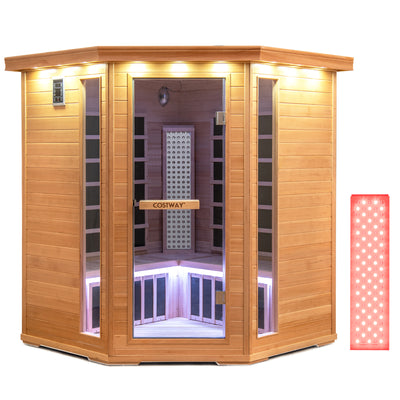 NEW 2025 MODEL - COSTWAY Far Infrared Corner Sauna, 3-5 Person Canadian Hemlock Indoor Sauna Spa Room w/ Carbon &amp; Mica Heaters, Near-Infrared &amp; Red Light Therapy Panel, Chromotherapy Lights, Speakers, Tempered Glass Door