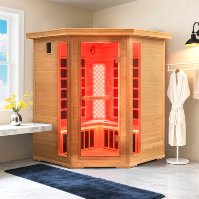 NEW 2025 MODEL - COSTWAY Far Infrared Corner Sauna, 3-5 Person Canadian Hemlock Indoor Sauna Spa Room w/ Carbon &amp; Mica Heaters, Near-Infrared &amp; Red Light Therapy Panel, Chromotherapy Lights, Speakers, Tempered Glass Door