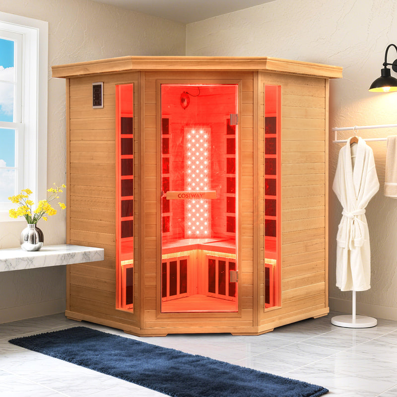 NEW 2025 MODEL - COSTWAY Far Infrared Corner Sauna, 3-5 Person Canadian Hemlock Indoor Sauna Spa Room w/ Carbon &amp; Mica Heaters, Near-Infrared &amp; Red Light Therapy Panel, Chromotherapy Lights, Speakers, Tempered Glass Door