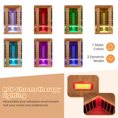 NEW 2025 MODEL - COSTWAY Far Infrared Corner Sauna, 3-5 Person Canadian Hemlock Indoor Sauna Spa Room w/ Carbon &amp; Mica Heaters, Near-Infrared &amp; Red Light Therapy Panel, Chromotherapy Lights, Speakers, Tempered Glass Door