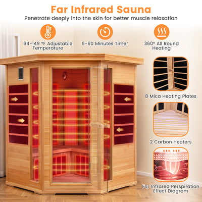 NEW 2025 MODEL - COSTWAY Far Infrared Corner Sauna, 3-5 Person Canadian Hemlock Indoor Sauna Spa Room w/ Carbon &amp; Mica Heaters, Near-Infrared &amp; Red Light Therapy Panel, Chromotherapy Lights, Speakers, Tempered Glass Door