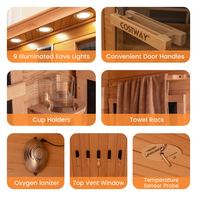 NEW 2025 MODEL - COSTWAY Far Infrared Corner Sauna, 3-5 Person Canadian Hemlock Indoor Sauna Spa Room w/ Carbon &amp; Mica Heaters, Near-Infrared &amp; Red Light Therapy Panel, Chromotherapy Lights, Speakers, Tempered Glass Door