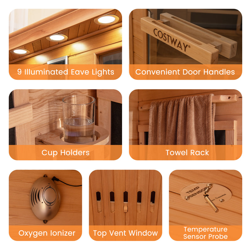 NEW 2025 MODEL - COSTWAY Far Infrared Corner Sauna, 3-5 Person Canadian Hemlock Indoor Sauna Spa Room w/ Carbon &amp; Mica Heaters, Near-Infrared &amp; Red Light Therapy Panel, Chromotherapy Lights, Speakers, Tempered Glass Door