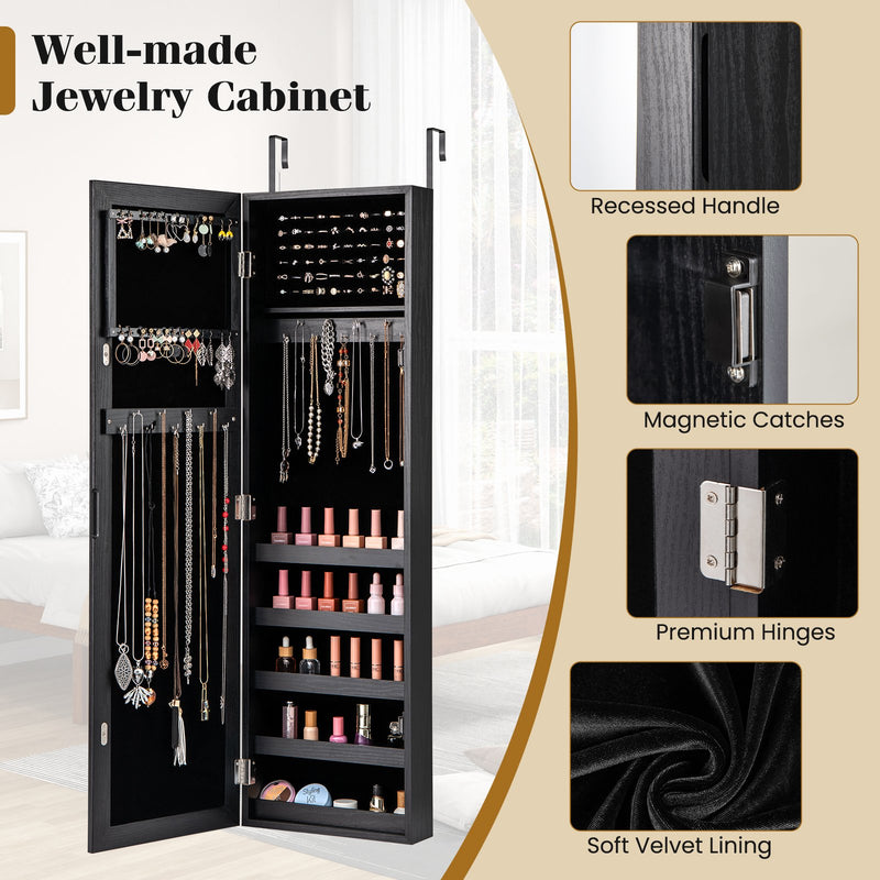 Jewelry Cabinet Wall or Door Mounted Jewelry Armoire with Full-Length Mirror-Black
