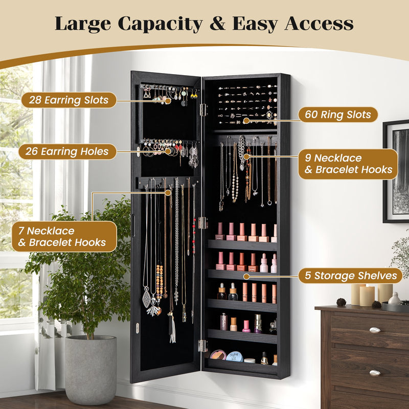 Jewelry Cabinet Wall or Door Mounted Jewelry Armoire with Full-Length Mirror-Black