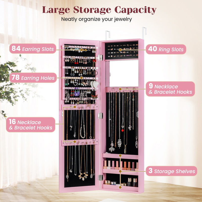 Jewelry Cabinet Wall or Door Mounted Jewelry Armoire Modern Hanging Jewelry Organizer-Pink
