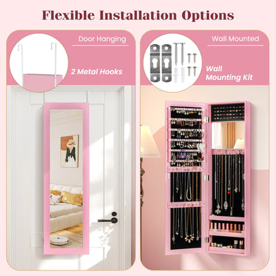 Jewelry Cabinet Wall or Door Mounted Jewelry Armoire Modern Hanging Jewelry Organizer-Pink