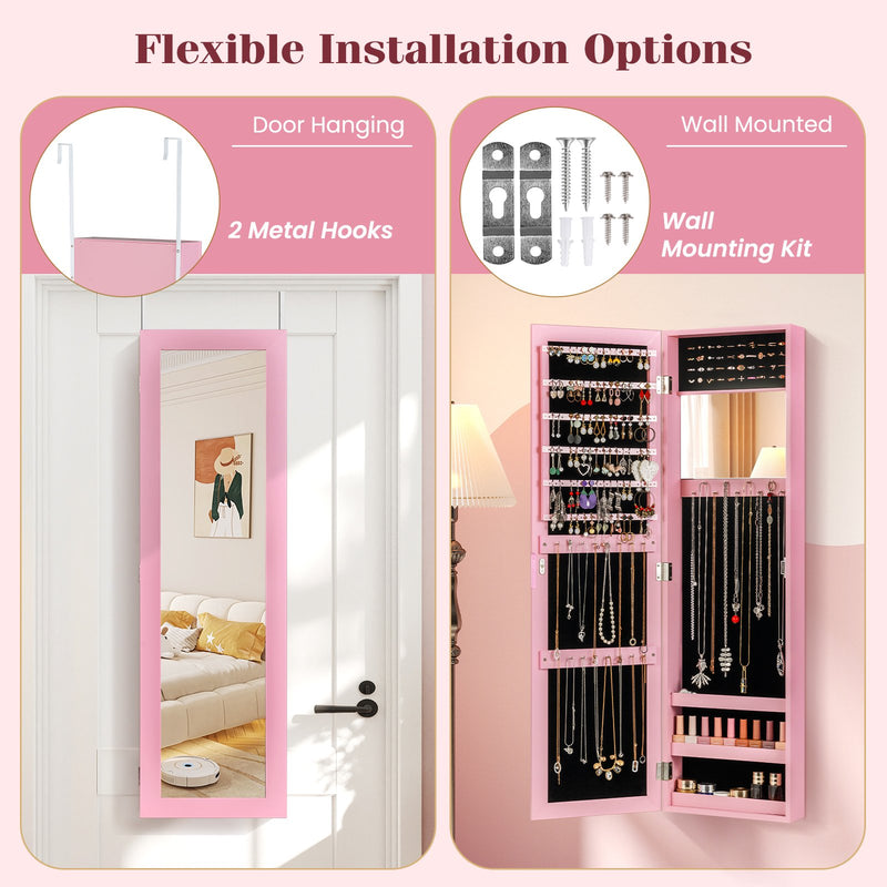 Jewelry Cabinet Wall or Door Mounted Jewelry Armoire Modern Hanging Jewelry Organizer-Pink