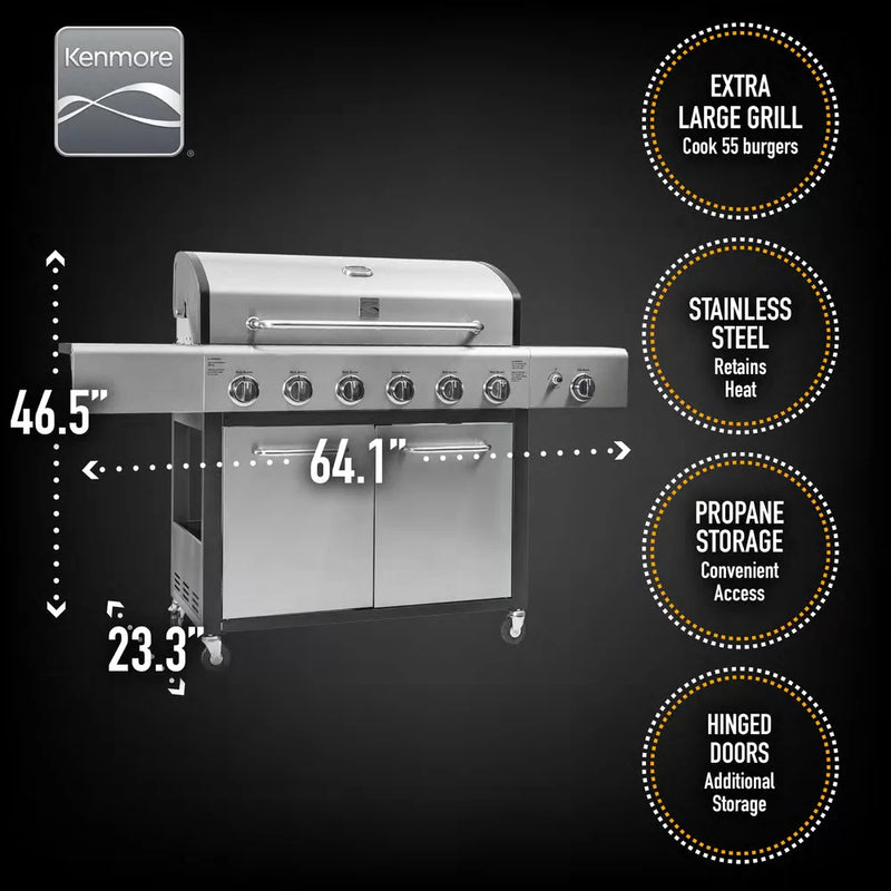 Kenmore- 6 Burner Free Standing Liquid Propane 73000 BTU XL Gas Grill with Side Burner and Cabinet