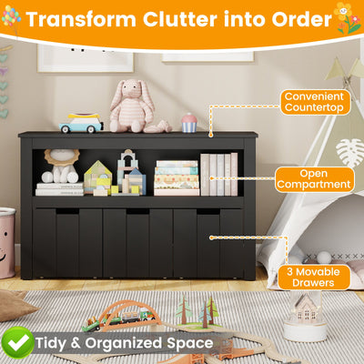 Kid Toy Storage Cabinet 3 Drawer Chest with Wheels Large Storage Cube Shelf-Black