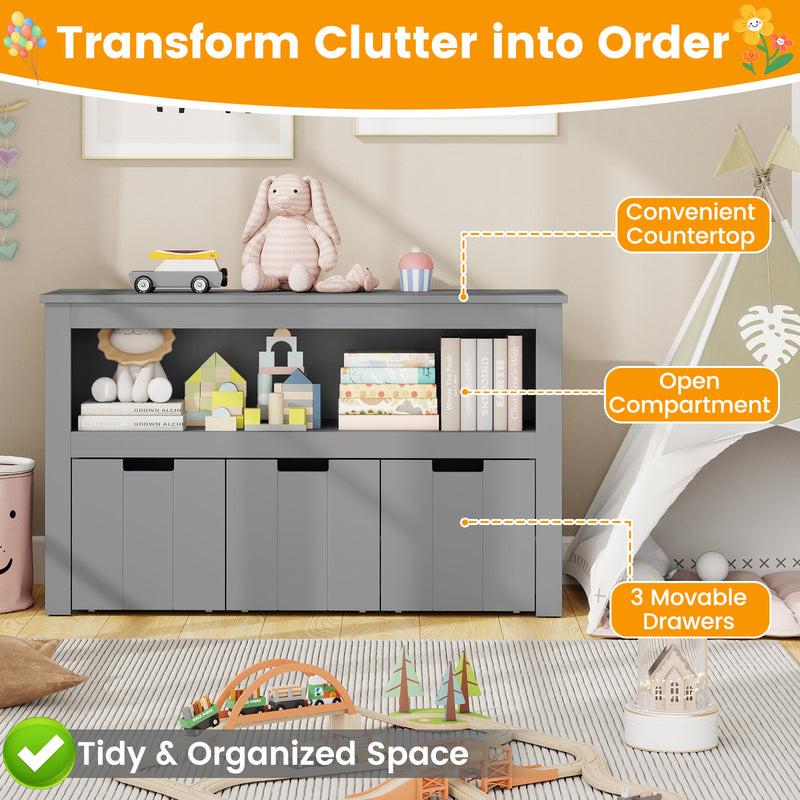 Kid Toy Storage Cabinet 3 Drawer Chest with Wheels Large Storage Cube Shelf-Gray