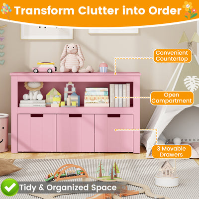 Kid Toy Storage Cabinet 3 Drawer Chest with Wheels Large Storage Cube Shelf-Pink