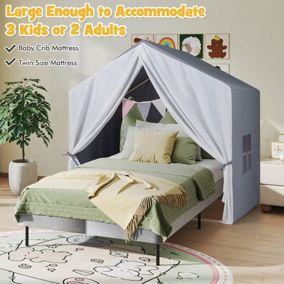 Kid's Play Tent with Washable Cotton Mat and Flag Banner-Gray