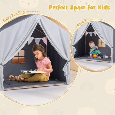 Kid's Play Tent with Washable Cotton Mat and Flag Banner-Gray